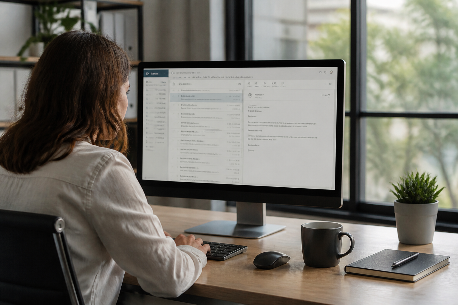 Person managing email at a desk